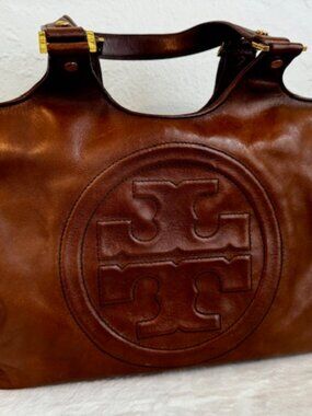 Tory Burch Bombe Tote Cognac Leather Large Logo Shoulder Bag Vintage Y2K